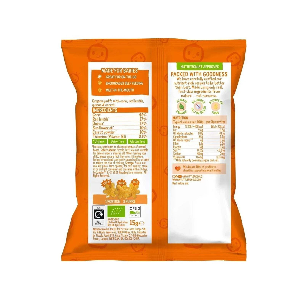 Piccolo organic carrot star multigrain puffs back panel with ingredients and nutrition