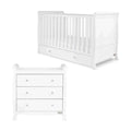 White baby cot with vertical slats and front drawer storage