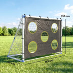 Portable football goal with black target panel and yellow-outlined circular target zones