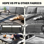 Outdoor furniture material comparison panel showing dark slatted boards and fabric surfaces.