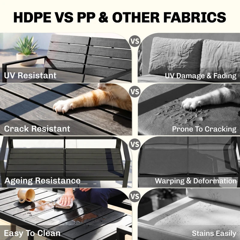 Outdoor furniture material comparison panel showing dark slatted boards and fabric surfaces.
