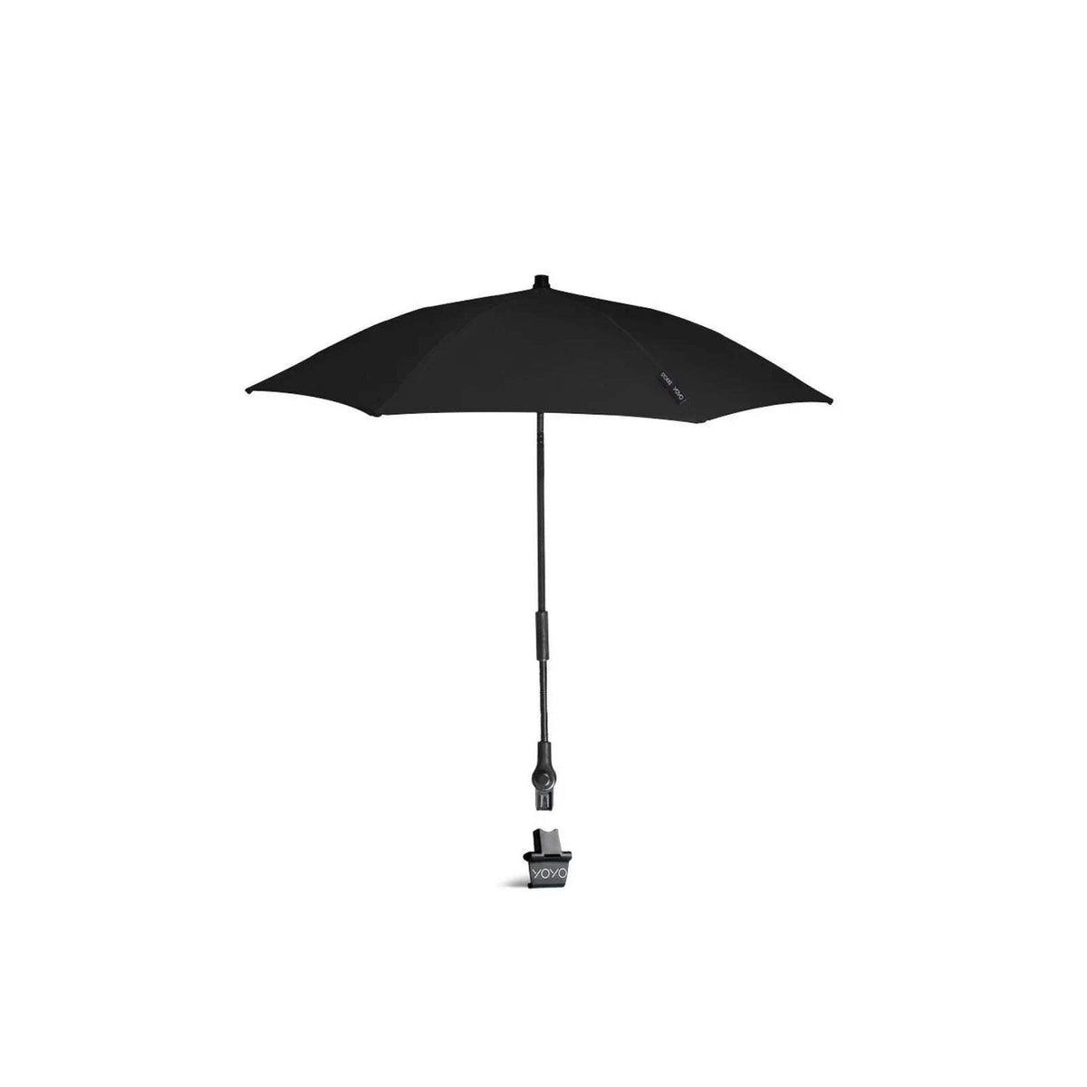 Black stroller parasol umbrella with central pole and clamp base