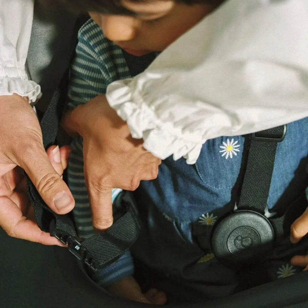 Stokke Steps highchair harness and seat close-up with child legs visible