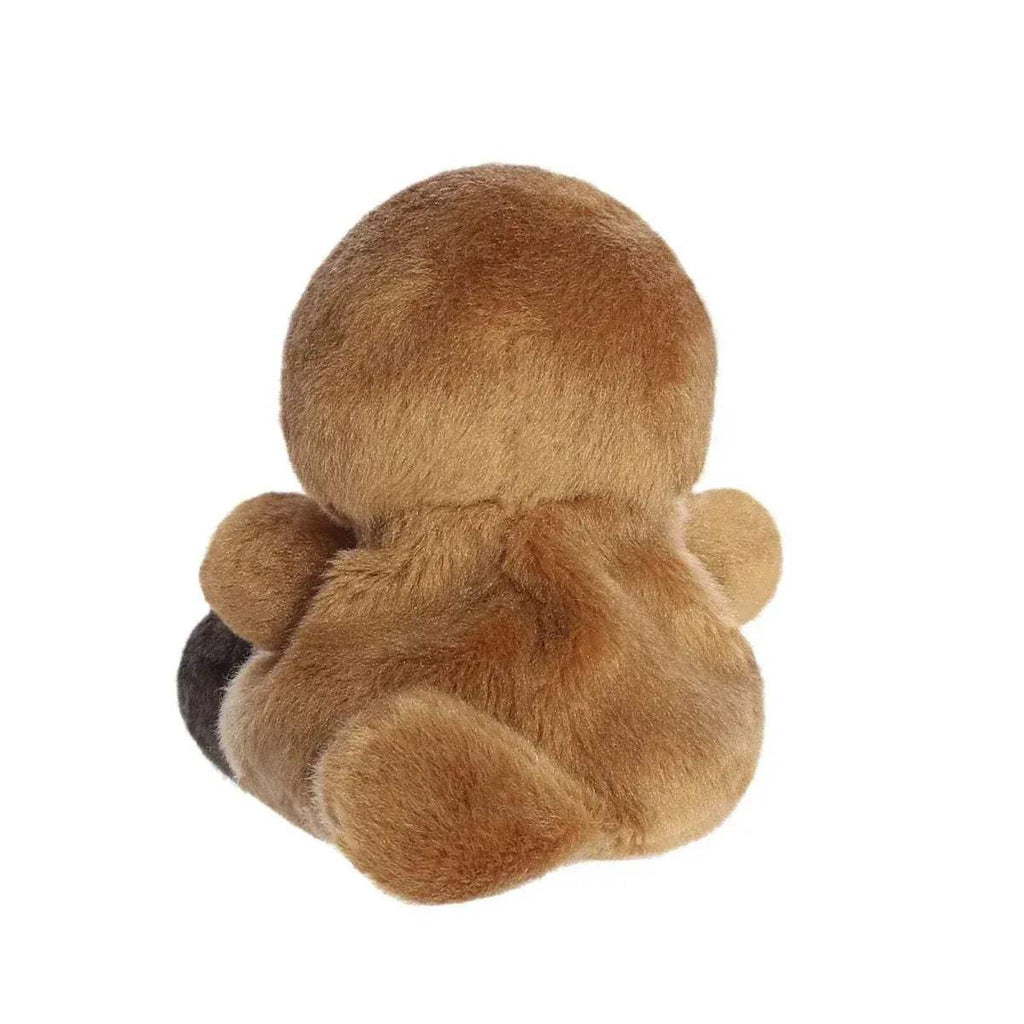 Back view of brown plush platypus soft toy with grey paws and tail base, 12 cm