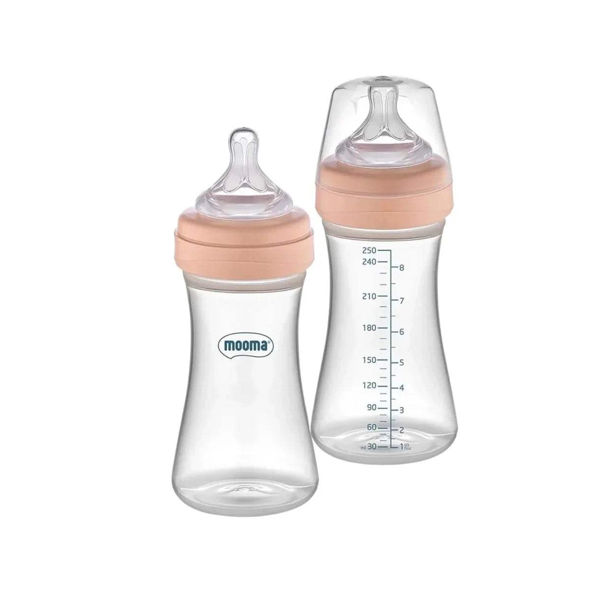 Pair of Mooma toddler feeding bottles with clear medium-flow nipples and old rose caps