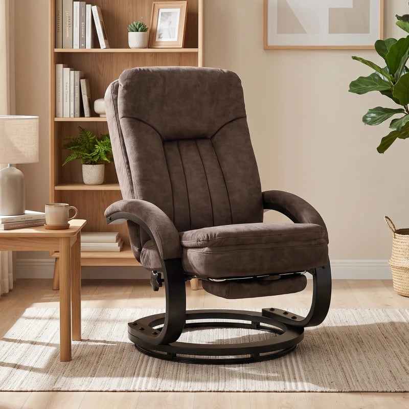 Dark brown velvet swivel recliner chair with high back and curved padded armrests