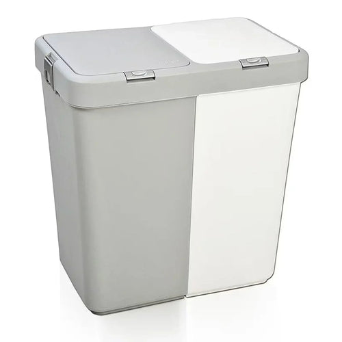 Double-compartment laundry basket with two lids, light gray and white exterior