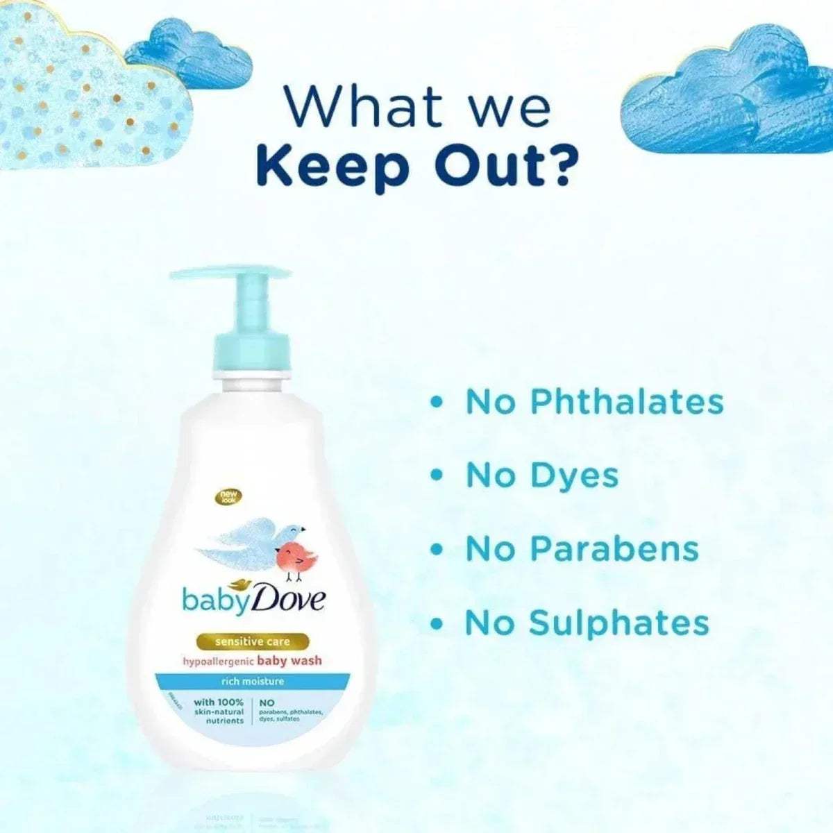 babyDove baby wash bottle with teal pump; no dyes and parabens icons
