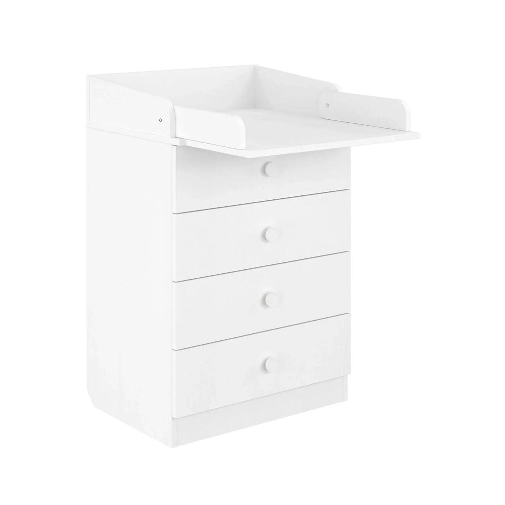 White changing dresser with 4 drawers and integrated changing pad tray