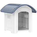 Outdoor dog kennel with dark grey slanted roof and open front door, white plastic