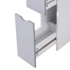 Open gray drawer revealing white interior and wooden-tone rail slides
