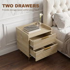 Natural wood bedside table with two drawers; one drawer opened, gold metal legs