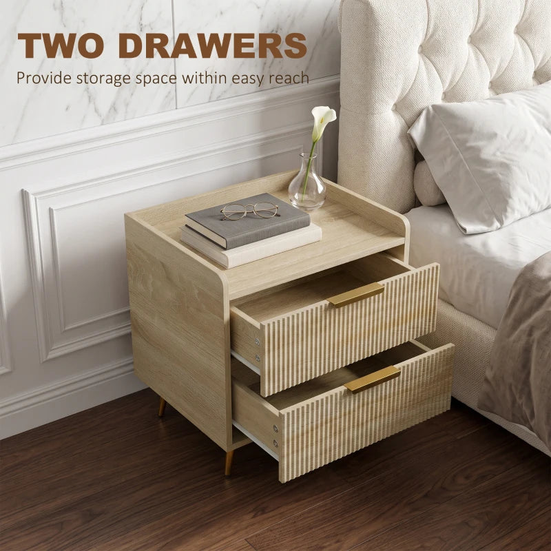 Natural wood bedside table with two drawers; one drawer opened, gold metal legs