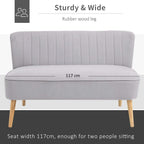Light grey velvet two-seat sofa with channel tufted back, thick seat, wood legs
