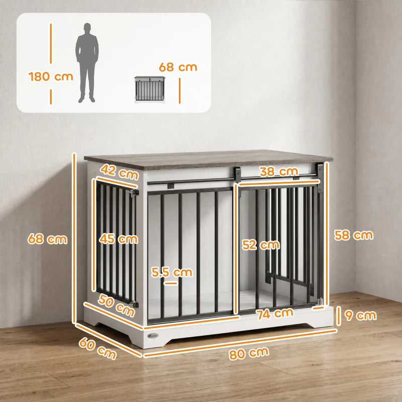 White dog crate furniture with black bars and sliding barn doors, layout dimensions shown