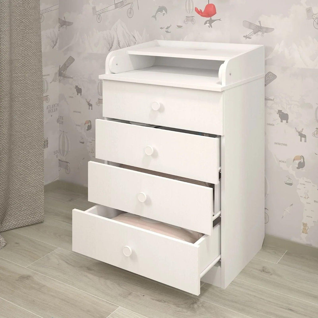 White changing dresser with 4 drawer fronts and wide changing pad