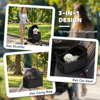 Black 3-in-1 pet stroller with detachable travel carrier and pet carry bag