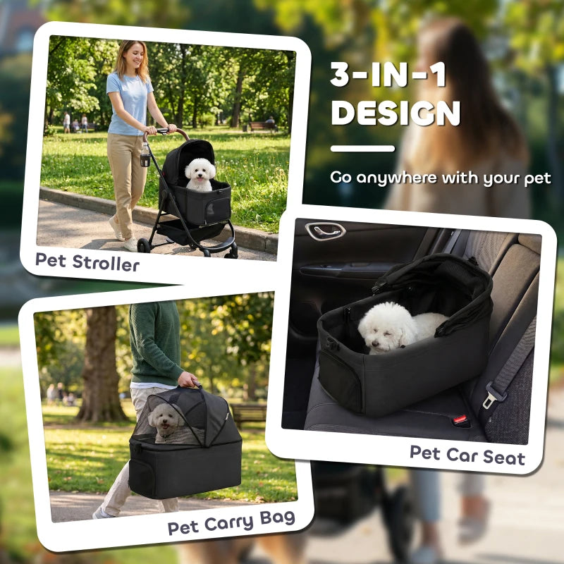 Black 3-in-1 pet stroller with detachable travel carrier and pet carry bag