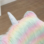 Close-up of rainbow fluffy unicorn-themed chair back with horn detail