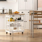 White kitchen trolley cart with open shelves and drawers on caster wheels