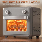 Grey air fryer oven with glowing heating element and 360° hot air circulation view