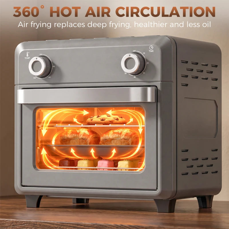 Grey air fryer oven with glowing heating element and 360° hot air circulation view
