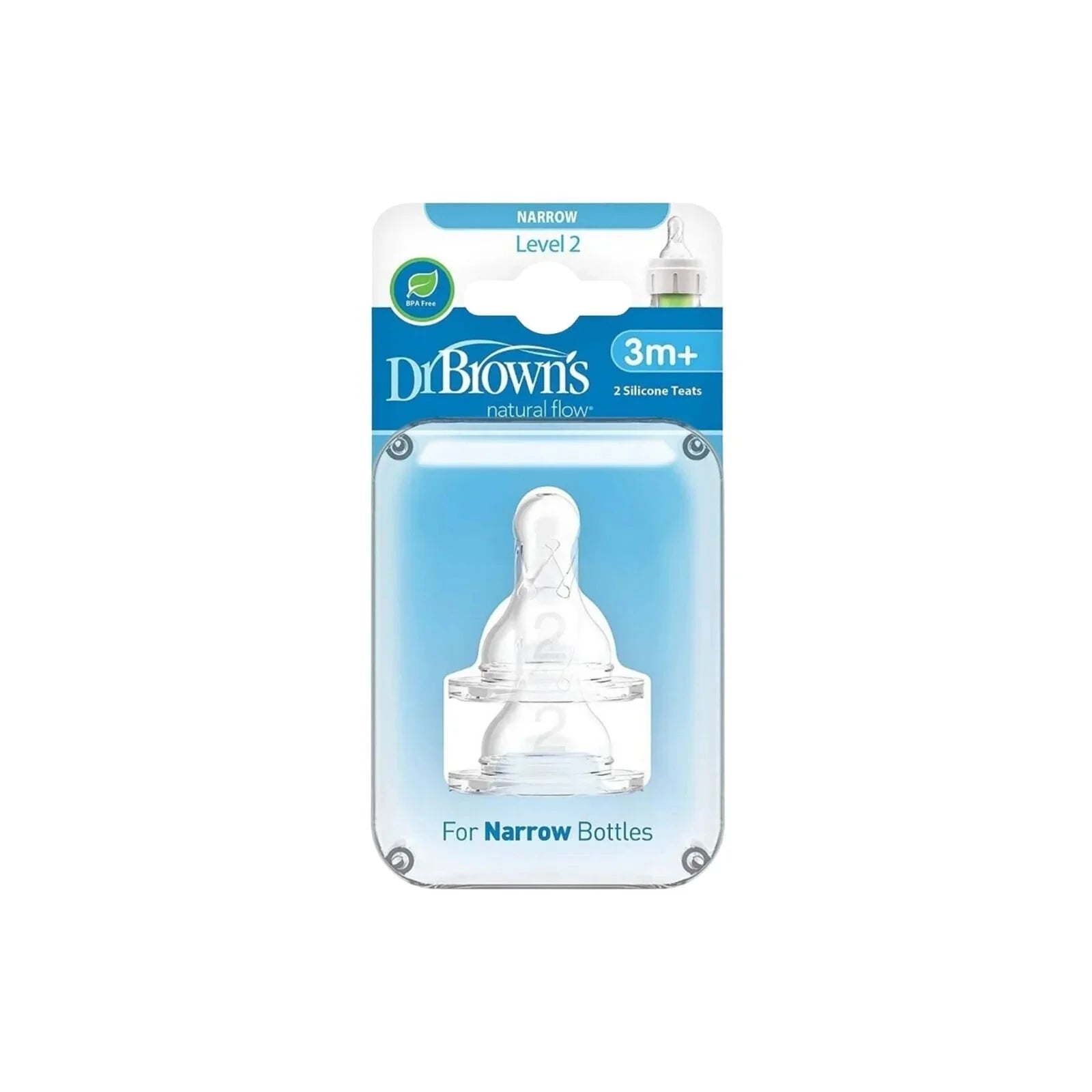Dr. Brown's Options+ narrow neck Level 2 silicone nipples, 3m+, 2-pack