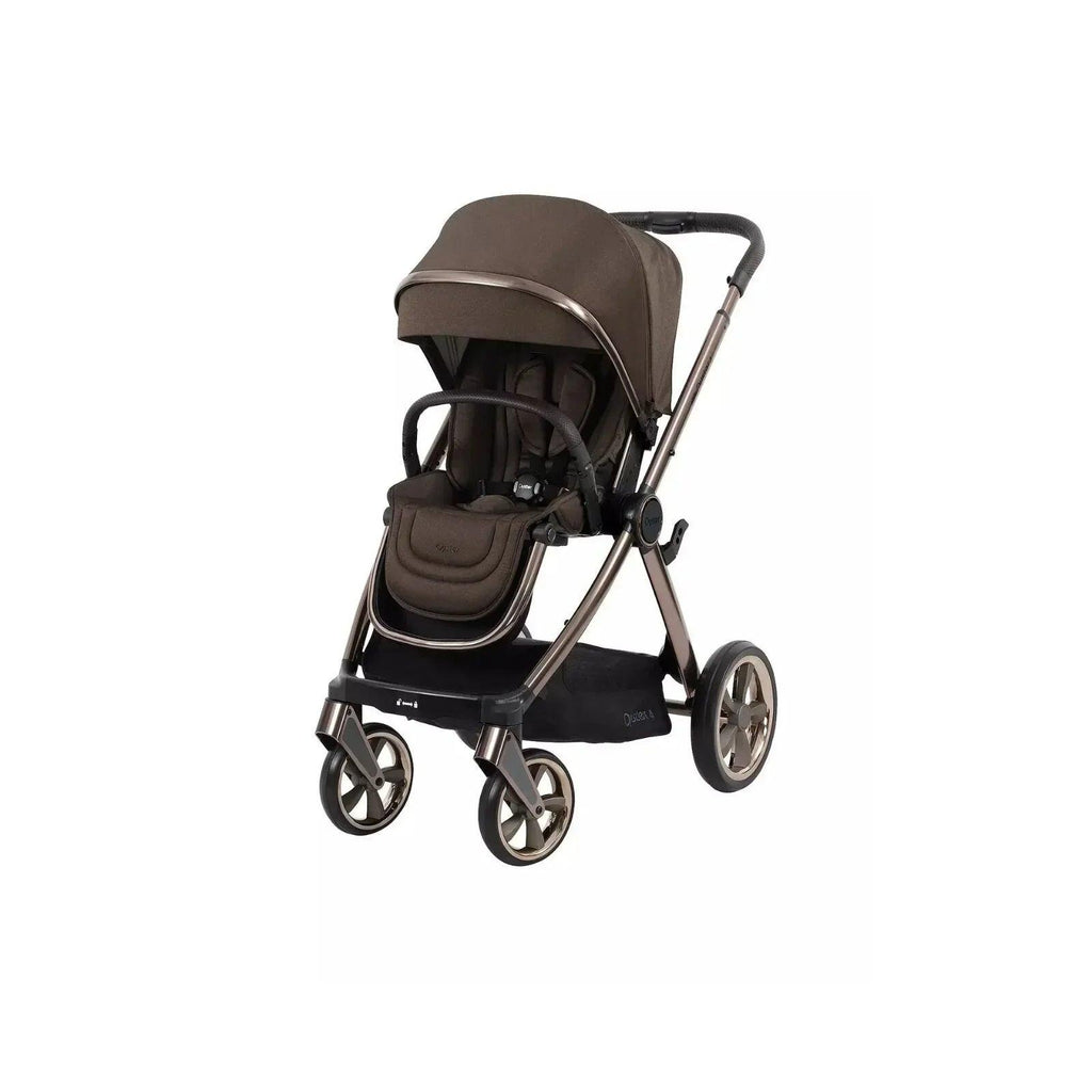 Chocolate velvet stroller with canopy and front wheels, upright front view