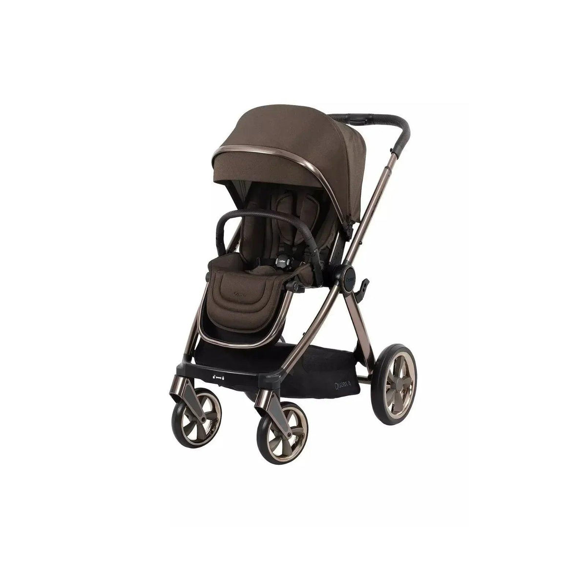 Chocolate velvet stroller with canopy and front wheels, upright front view