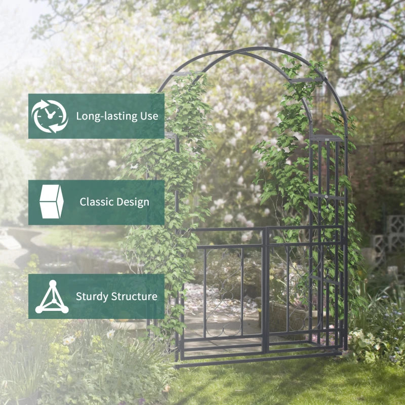 Dark grey metal garden arbor with double gates and arched frame for climbing plants