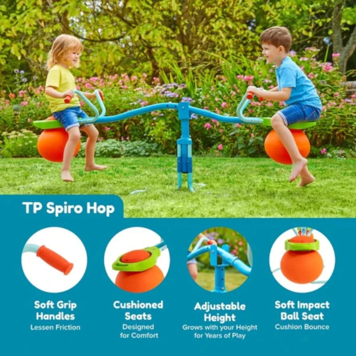 Outdoor hop seesaw with blue frame and two orange cushioned ball seats