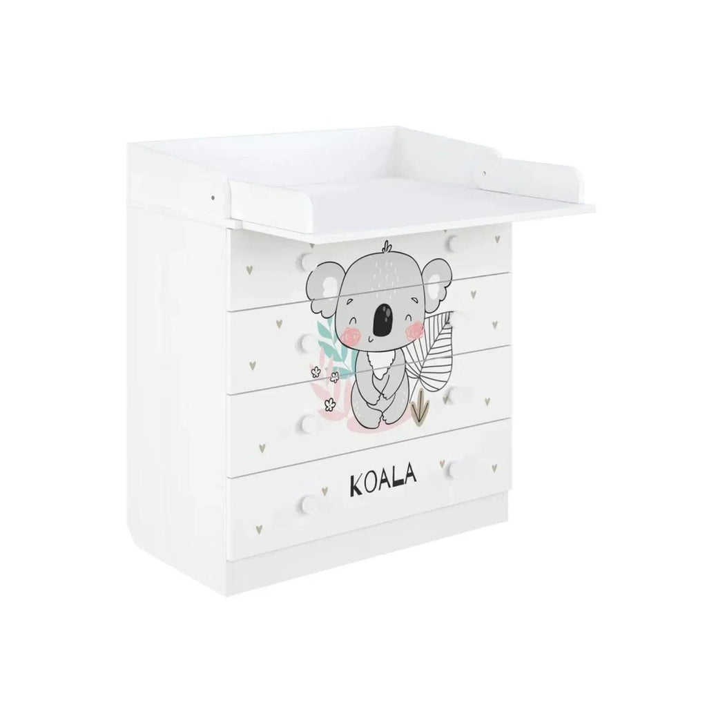 White kids changing dresser with koala illustration, three drawers, and raised changing rail