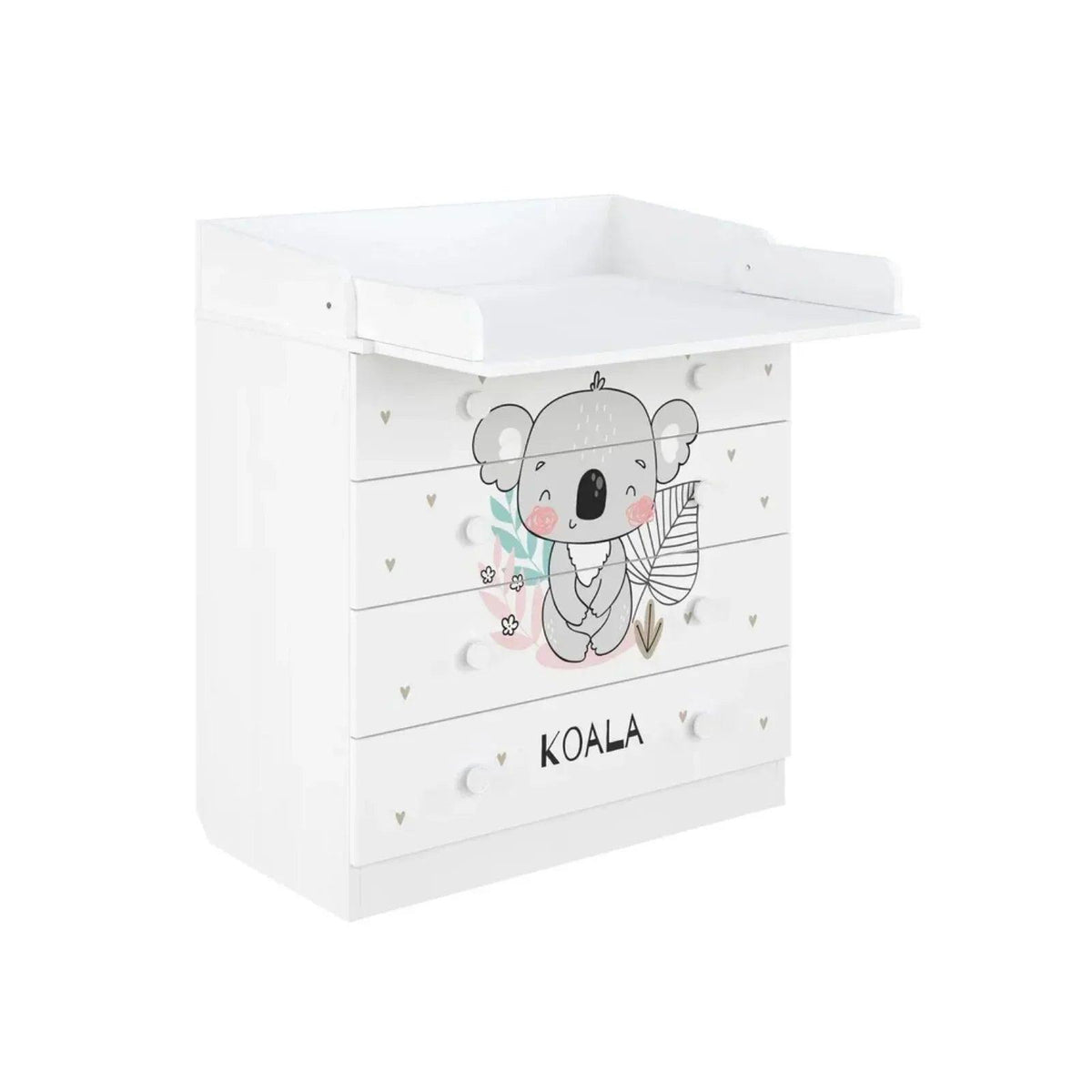 White kids changing dresser with koala illustration, three drawers, and raised changing rail