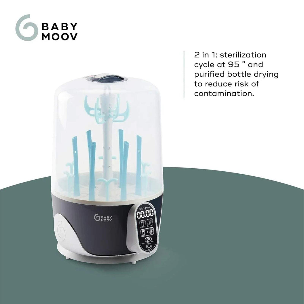 Babymoov Turbo Pure steriliser and dryer unit with blue-tinted bottle rack and display panel