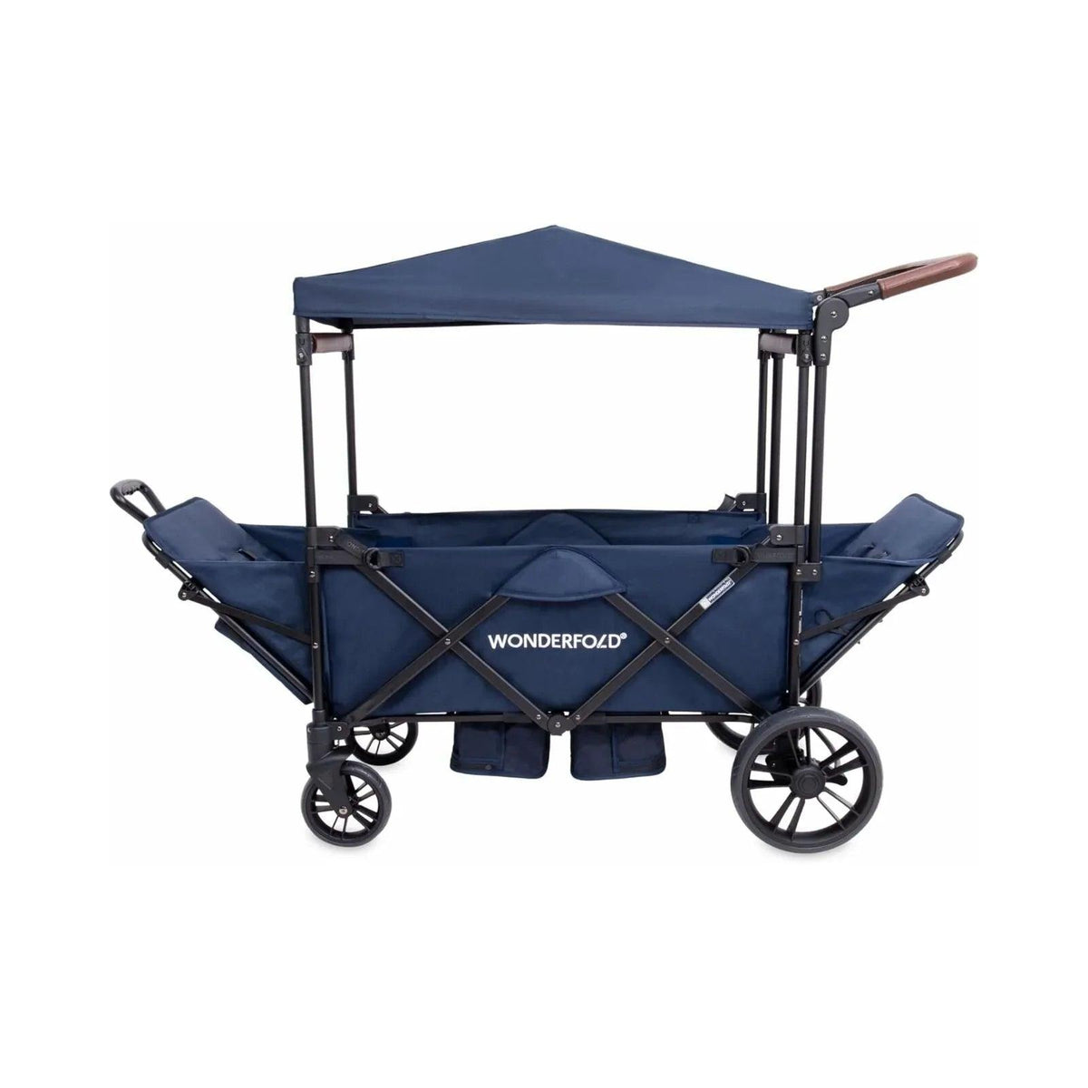 Sapphire navy stroller wagon with canopy, front crossbar, and padded seat base