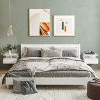 White floating bedside table set with open shelves and drawer beside bed