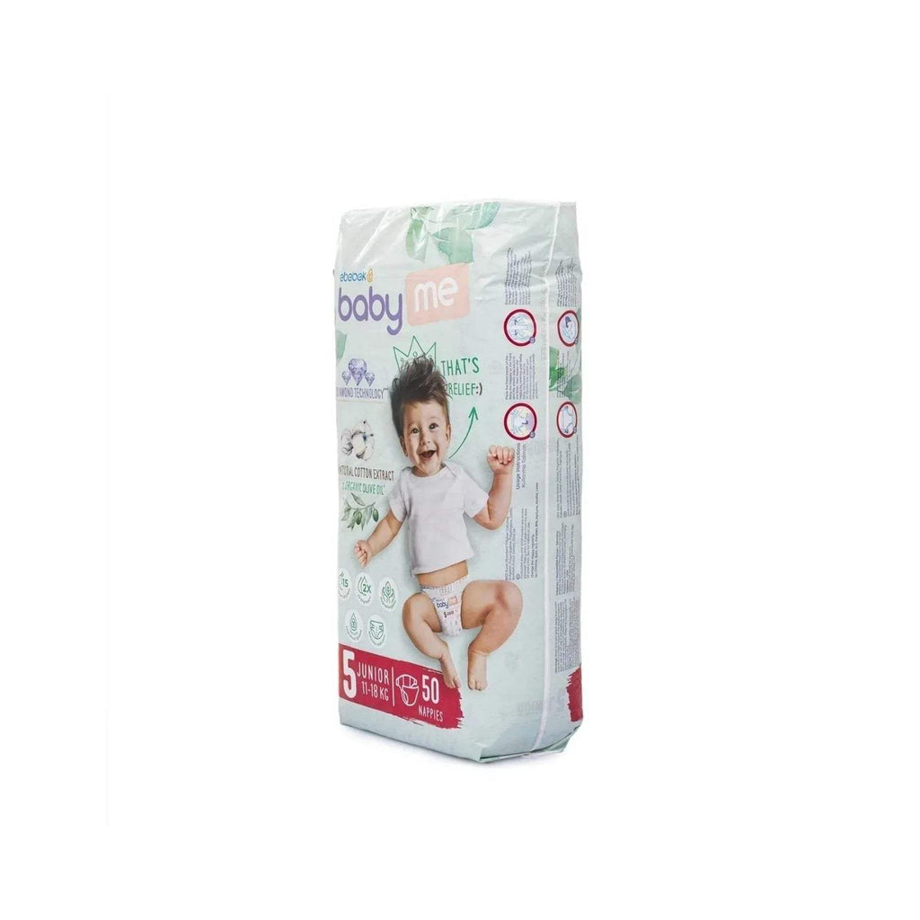 Baby me junior nappies pack, size 5, 50 count, front with feature icons