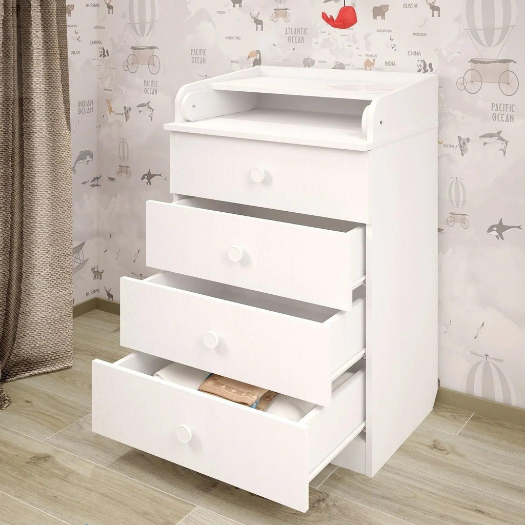 White changing dresser with open lower storage shelf and 3 drawer fronts