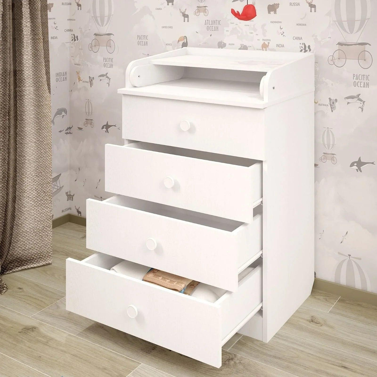 White changing dresser with open lower storage shelf and 3 drawer fronts