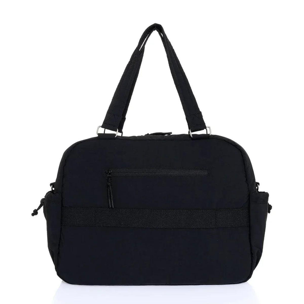 Black quilted shoulder bag front view with zipper pocket and side drawstring pulls