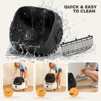 White automatic cat litter box with removable rake and water-splash cleaning illustration.
