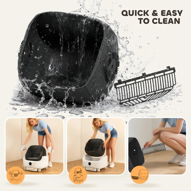 White automatic cat litter box with removable rake and water-splash cleaning illustration.