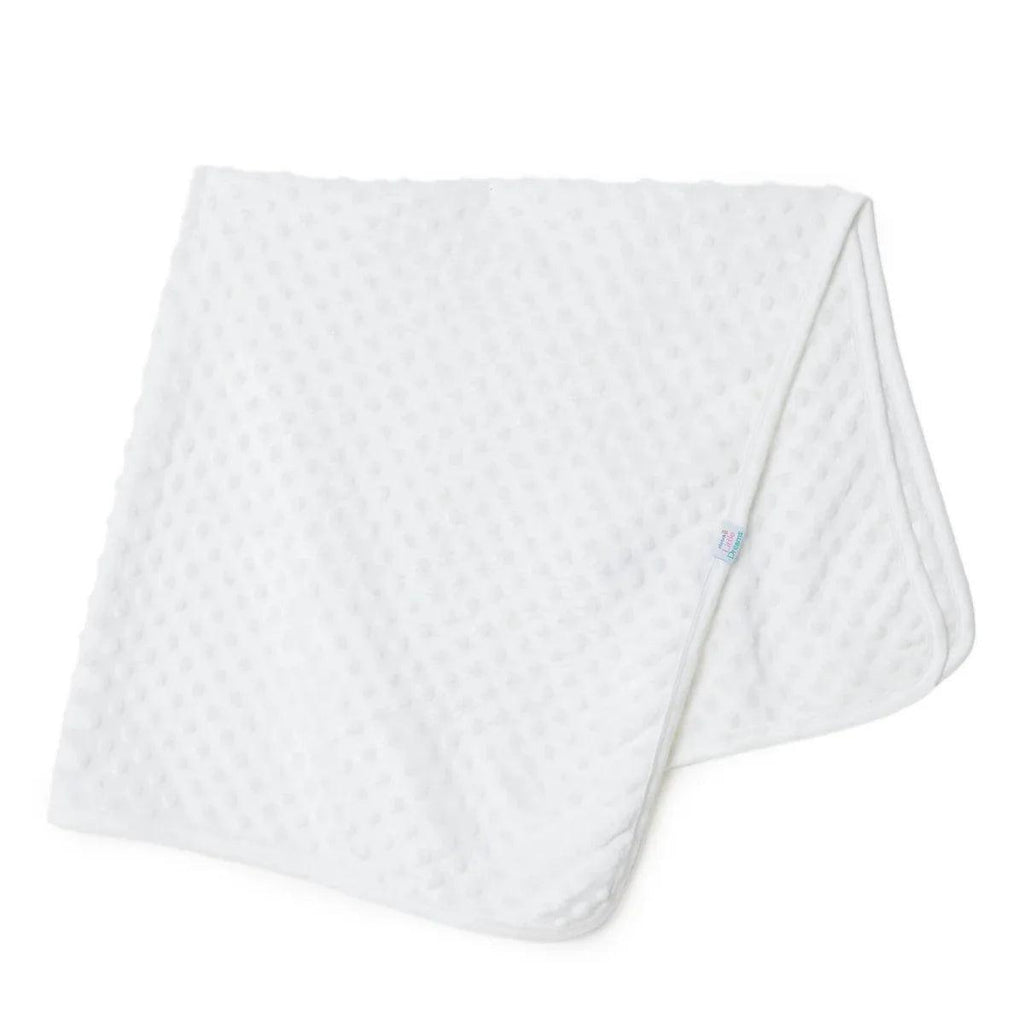 Ecru textured fleece baby blanket, draped corner view with stitched border and label