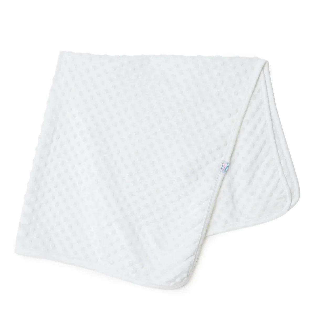 Ecru textured fleece baby blanket, draped corner view with stitched border and label