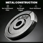 Grey metal weight plate with 2.5 kg marking and center hole, textured surface