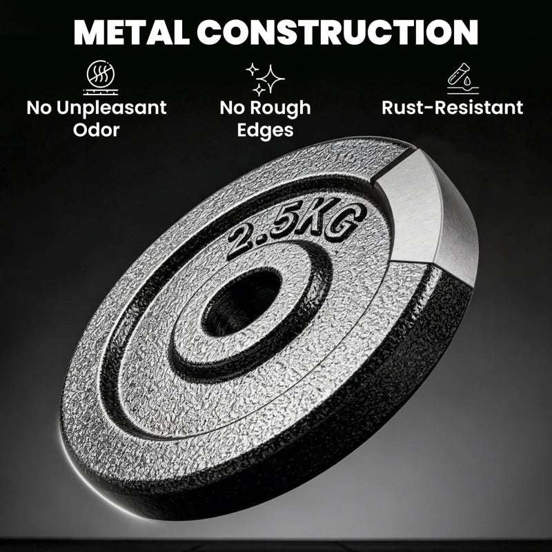 Grey metal weight plate with 2.5 kg marking and center hole, textured surface