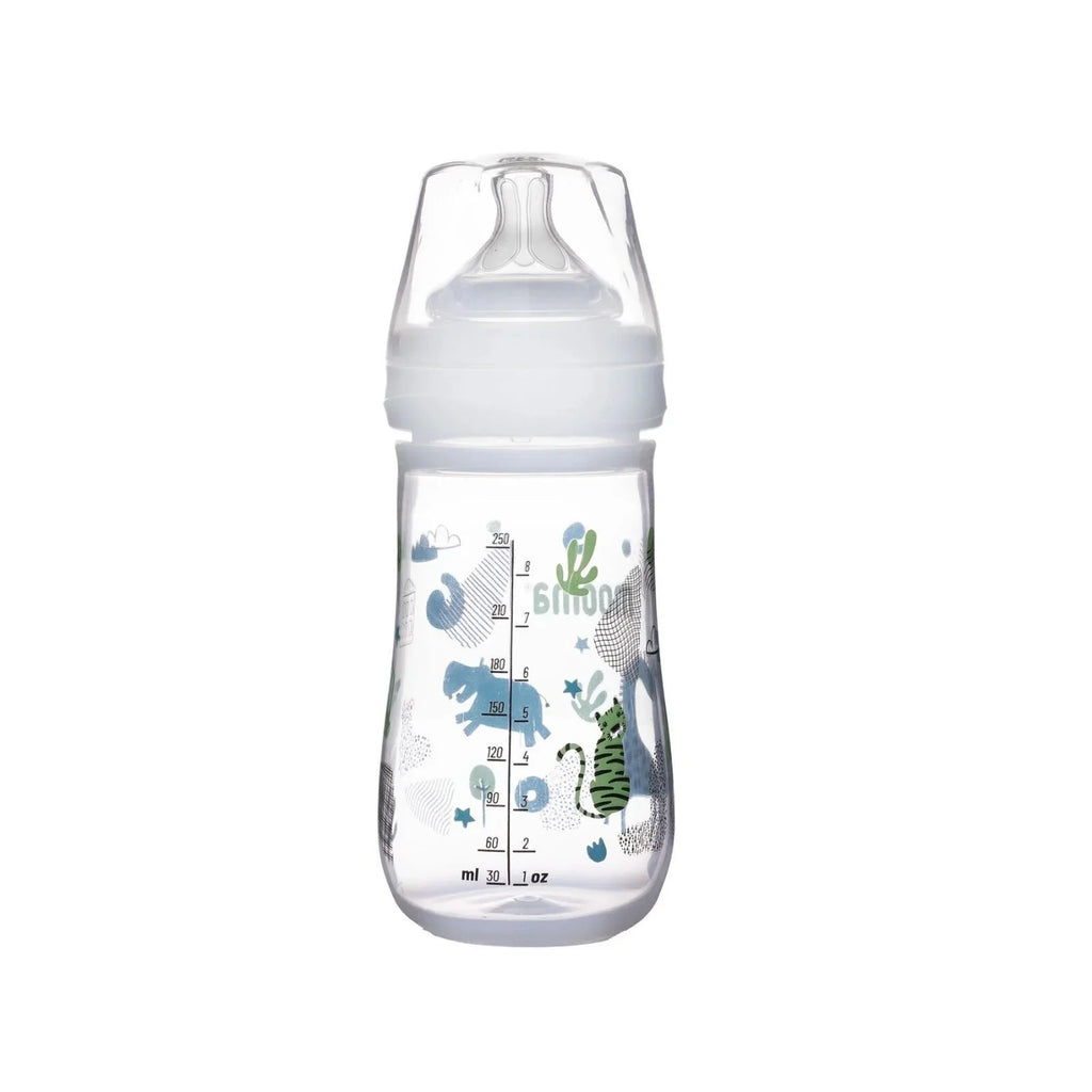 250ml feeding bottle front view with animal print and ml measurement scale