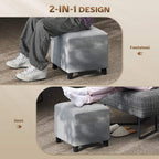 Light grey padded square ottoman footrest with dark rubber wood legs