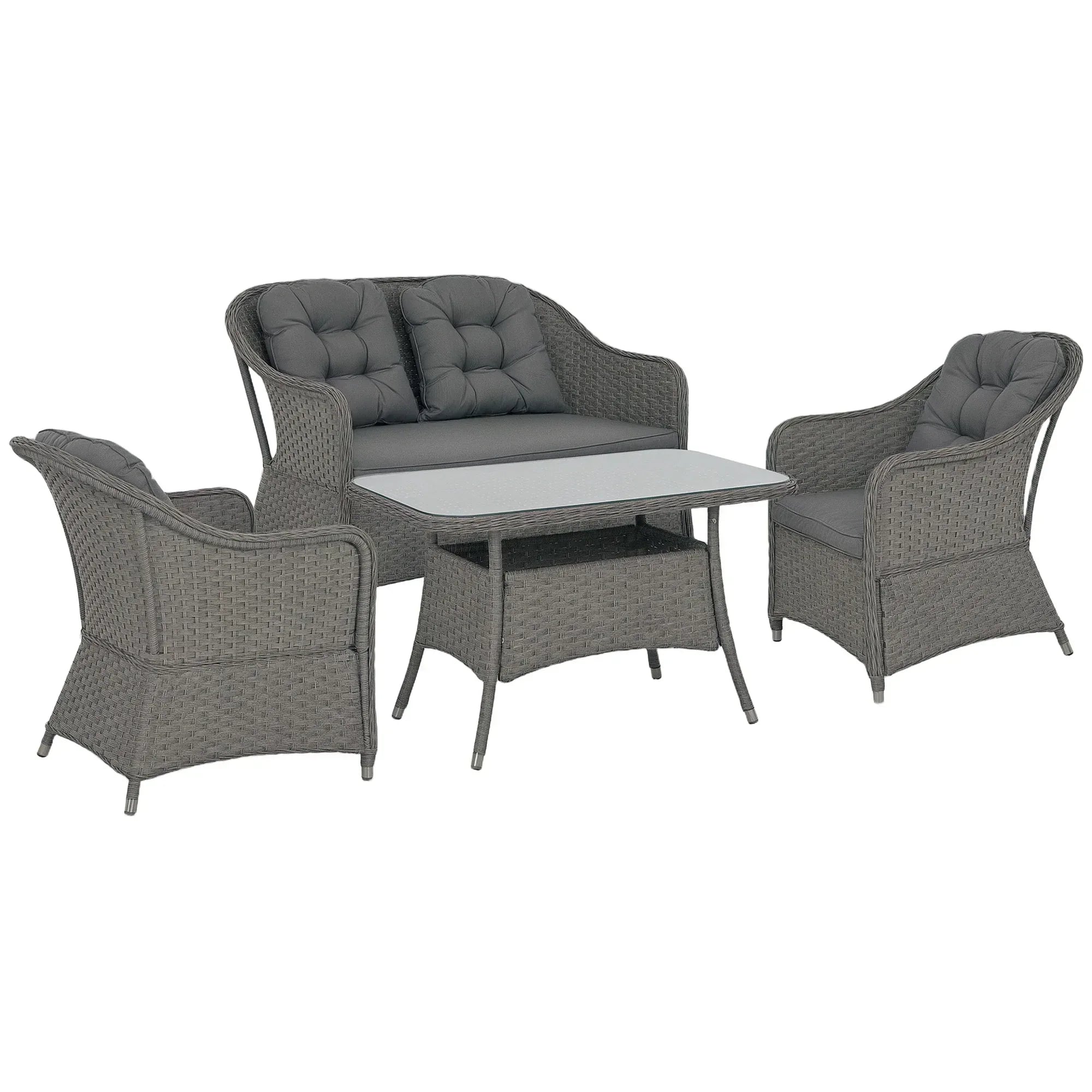 Four-Piece Rattan Set, with Glass-Top Table - Light Grey - Bobobiy