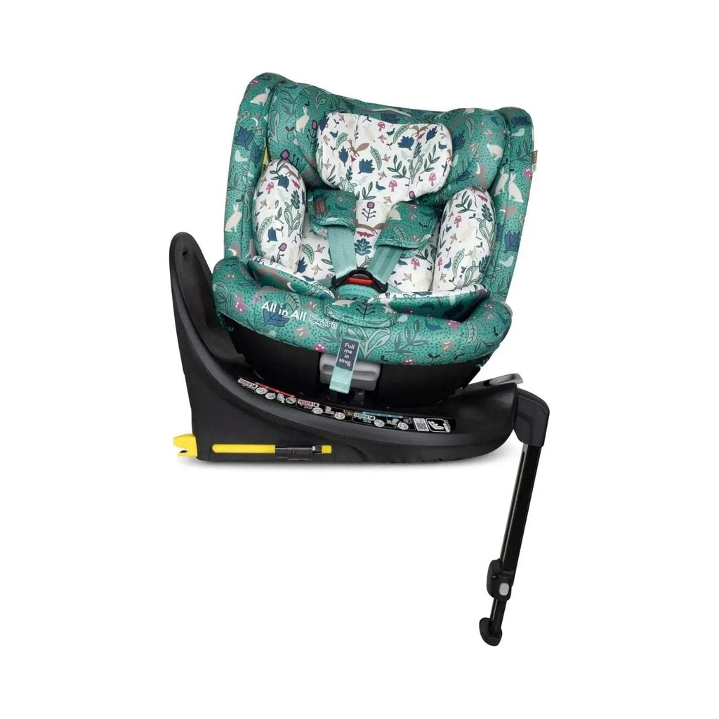 Infant car seat with green woodland pattern, 5-point harness, rotating base